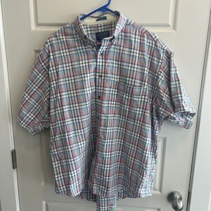 Vtg PENDLETON Country Traditionals Plaid Gray-Blue-Orange Shortsleeve Shirt Lrg